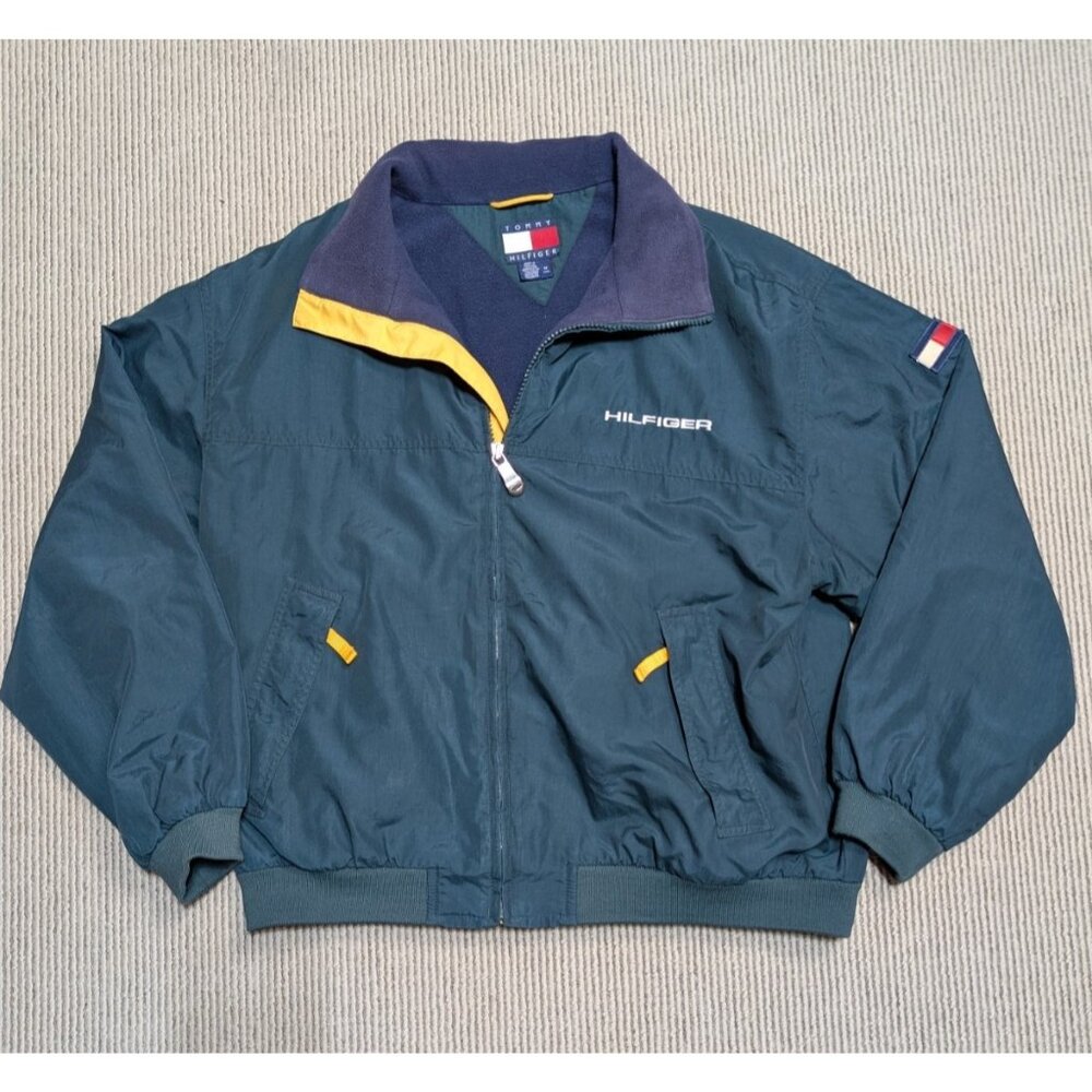 Vintage Tommy Hilfiger 90s Windbreaker Jacket - Medium - Green Yellow Fleece